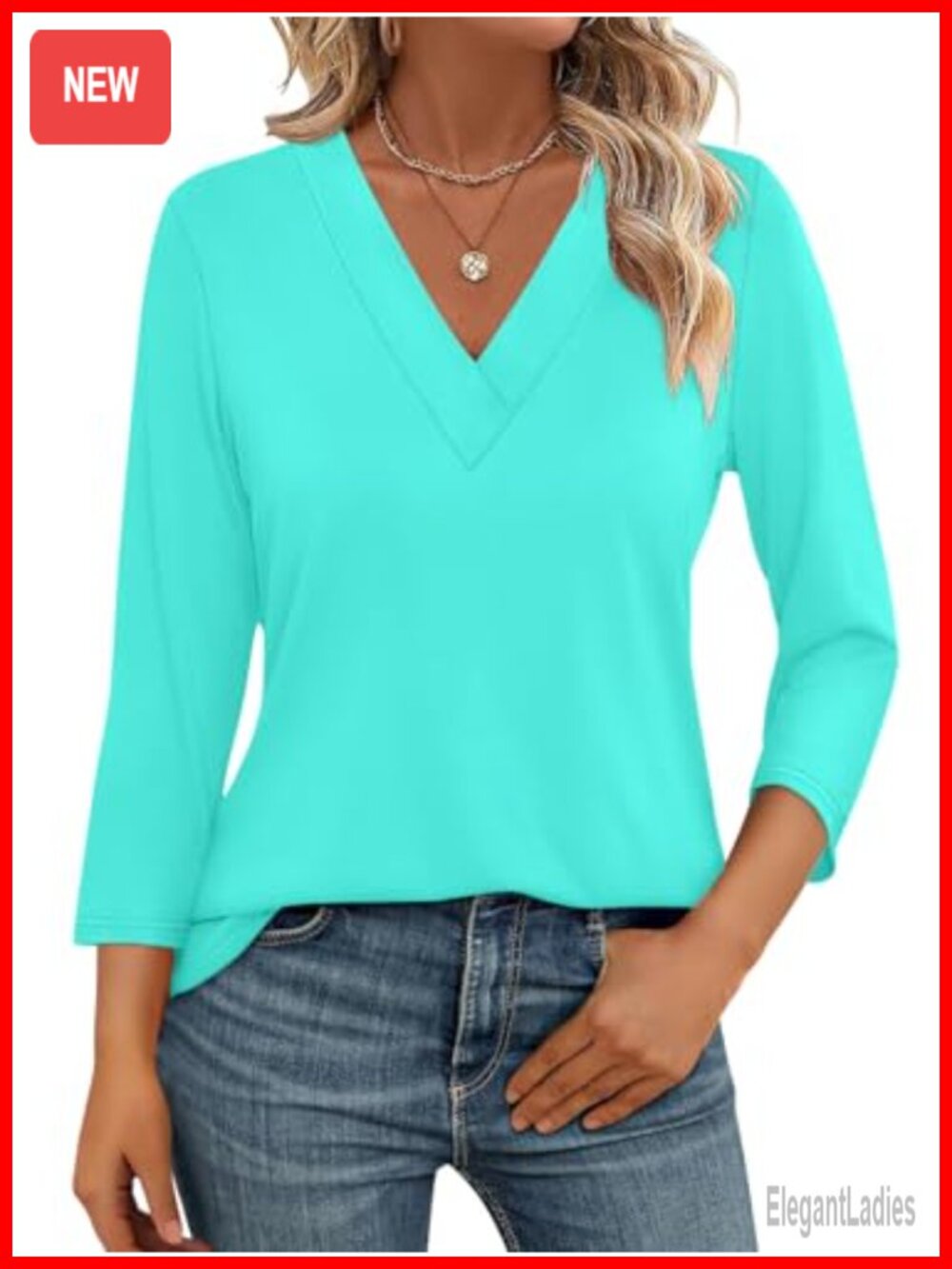Womens 3/4 Sleeve V Neck Tunic Top Casual Summer Tee